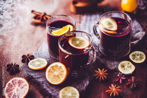 hot mulled wine with spices, cloves, lemon, on a wooden table, rustic style, healthy food, farm