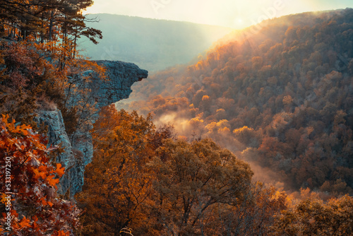 Hawksbill Crag from the Ozark Mountains of Arkansas during autumn morning fog 