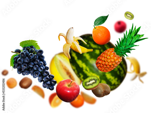 Juicy, tasty, fresh ananas, kiwi, grapes, orange, apple, banan, pomegranate levitate on a white background, healthy diet. Fresh fruits and vegetables