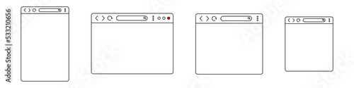 Conjunto de plantillas de la ventana del navegador o página web de distintos tamaños, diseño para computadora, tableta, y celular. Concepto de inicio del navegador. Ilustración vectorial