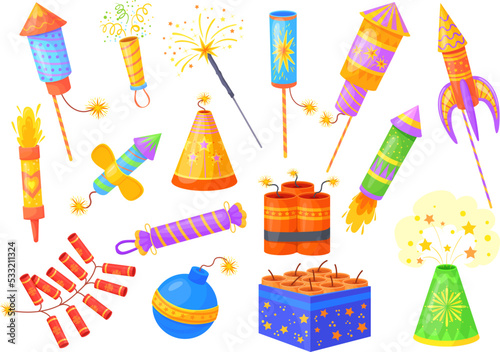 Cartoon petards. Feast firecracker and fireworks, fire crackers explosion pyrotechnic fountain firework festive salute party celebration flapper confetti, neat vector illustration