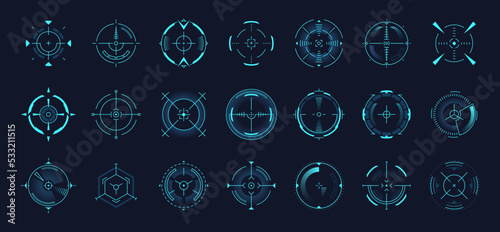 Hud target pointer. Laser crosshair collimator sight, optical aiming measurement sniper for sniper gun, aim cursor control mark military tags futuristic technology, garish vector