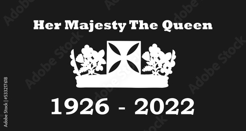 Death of Queen Elizabeth, white silhouette crown, diamond tiara on black background.