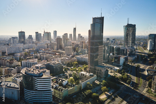 Aerial drone view of Warsaw cityscape, Center of Warsaw city with skyscrapers, Capital of Poland with modern office buildings in business center