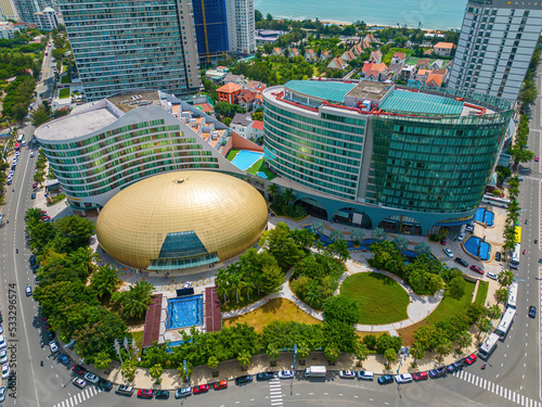 VUNG TAU, VIETNAM, SEP 24 2022 - Drone View of Pullman luxury hotel in Vung Tau. The hotel was designed by maverick, iconoclast and visionary architect.