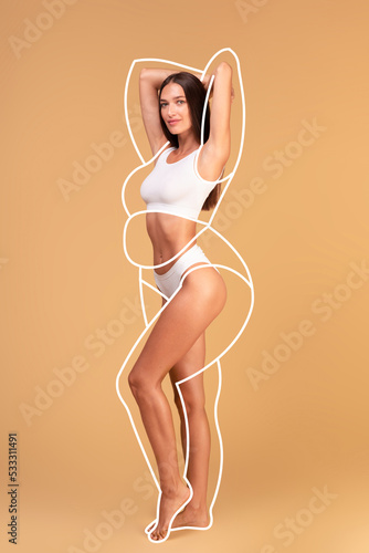 Happy young lady in underwear demonstrating perfect slim body, collage with outlines of overweight silhouette