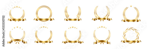 Golden laurel wreath with ribbon set vector illustration. Winner award with leaves and stars, trophy, gold certificate or birthday congratulation for ceremony isolated on white