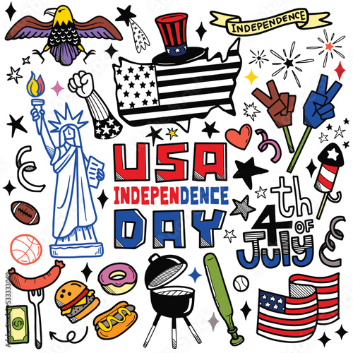Hand drawn doodle collection of the different American objects, buildings and signs. Line art icons set ,Each on a separate layer.