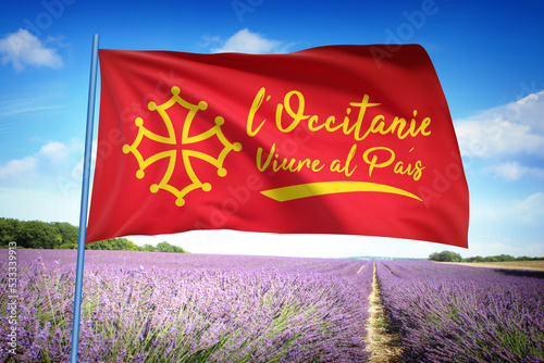 Drapeau Région Occitanie, invitation tourisme dans le Lot, Aveyron, Lozère, Gard, Hérault, Haute-Garonne, Tarn-et-Garonne, Gers, Haute-Pyrénées, Ariège, Aude, Pyrénées-Orientales