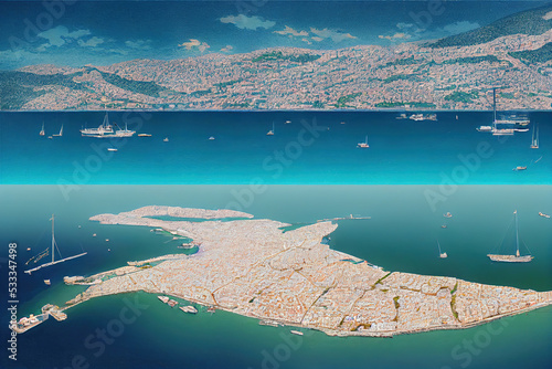 Panoramic aerial view of the Alimos marina at South Athens Greece with moored luxury yachts and sailboats , style U1 1