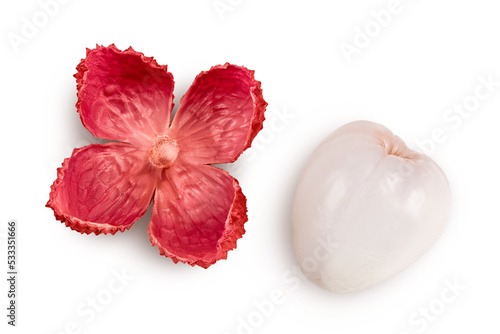 lychee fruit isolated on white background with full depth of field. Top view. Flat lay