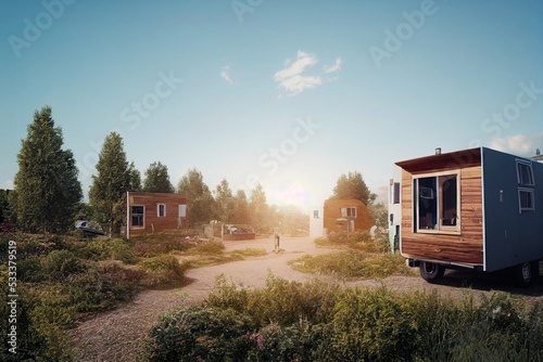 wooden vacation houses at the campsite on the beach with green grass and sand 