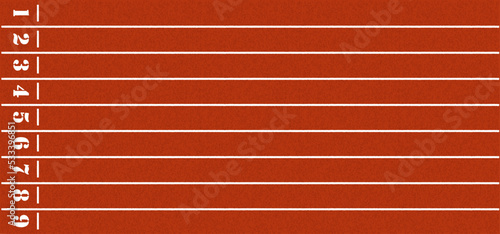 Cartoon running track with lane numbers or track numbers. Place where people exercise or sport place. lanes of running track. Start, finish point, sport field. Raceway, lines and numbers from top view