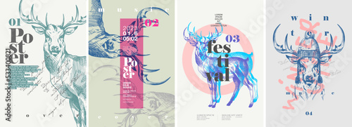 Deer. Scandinavian theme. Set of abstract vector illustrations. Typography and background engraving illustrations . Label, poster, cover, t-shirt print.