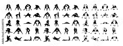 Big set silhouettes athlete wrestler in wrestling, duel, fight. Greco Roman, freestyle, classical wrestling