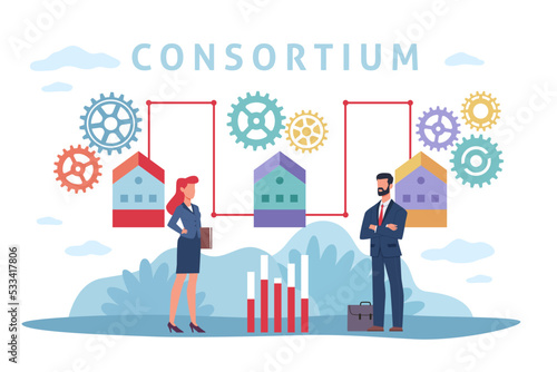 Consortium partnership, companies association, achievement common goal, business structure. Businesswoman and man league members. Abstract banner with text. Vector cartoon flat concept