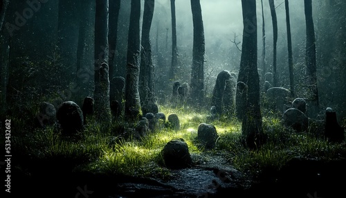 Dark forest at night with dark tree trunks, grass and stones 3d illustration