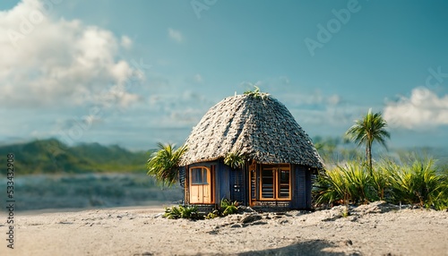 Beach house on tropical beach with palm trees and white sand under blue sky 3d illustration