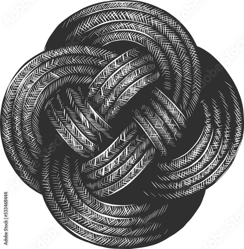 PNG engraved style illustration for posters, decoration and print. Hand drawn sketch of rope knot in monochrome isolated on white background. Detailed vintage woodcut style drawing. 