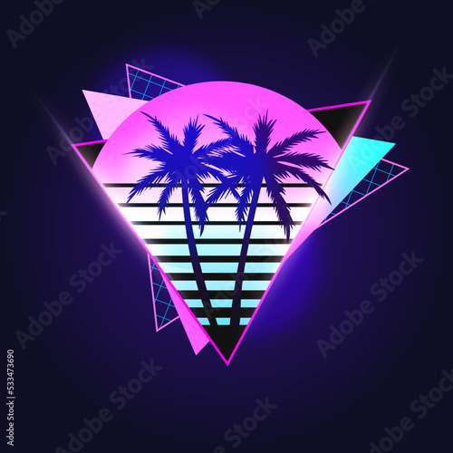 Synthwave Vector Illustration for apparel with Palms, Sunset, grid, neons and triangles