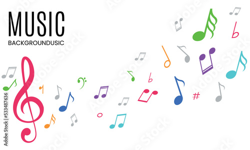 colorful music notes vector. music background with pentagram background