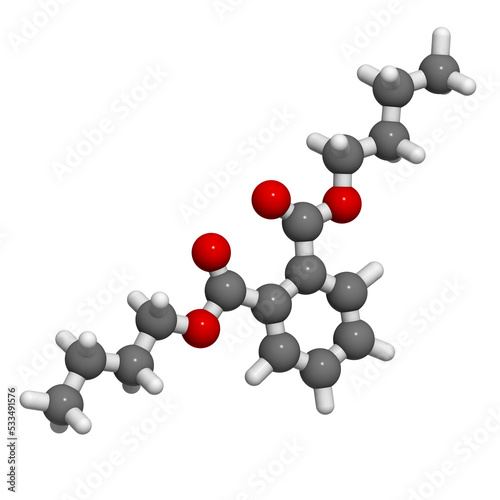 Dibutyl phthalate (DBP) plasticizer molecule, chemical structure.