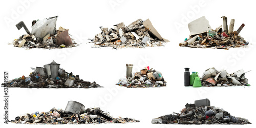 pile of trash, collection of garbage heap, isolated on white background