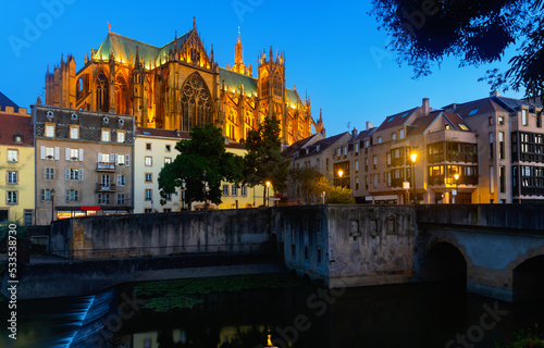 Night view of gothic cathedral of Metz illuminated by yellow light. Roman Catholic cathedral in Metz, France Europe