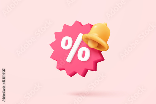 3d tag price icon with bell notification for discount coupon online. sales with an excellent offer for shopping, special offer promotion reminder. 3d price tags icon vector render illustration