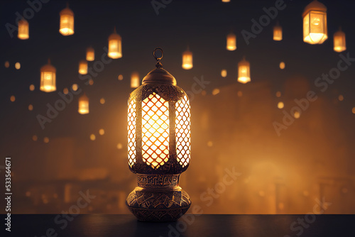 3d illustration of Arabic lantern with burning candle glowing at night Muslim holy month Ramadan