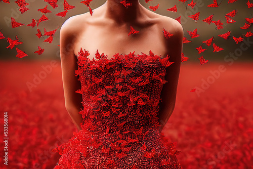 3d illustration of woman in red dress from flowers and butterfly
