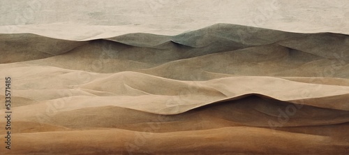 Endless desolate desert dunes, far horizon with spectacular clouds. Waves of surreal sand fabric folds landscape. Minimalist lost and overwhelming lonely feeling - moody subdued brown color tones.