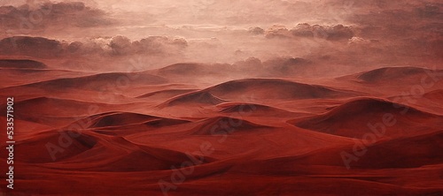 Endless desolate desert dunes, far horizon with spectacular clouds. Waves of surreal sand fabric folds landscape. Minimalist lost and overwhelming lonely feeling - moody subdued red color tones.