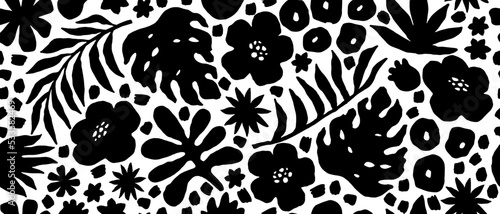 Seamless pattern with hand drawn abstract plants, flowers, leaves. Black and white endless background.
