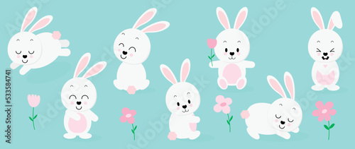 Set of cute white rabbit element vector. Adorable bunny with different poses, smile, sleep, sit, flowers. Collection of animal and many characters hand drawn design for decorative, card, kids.