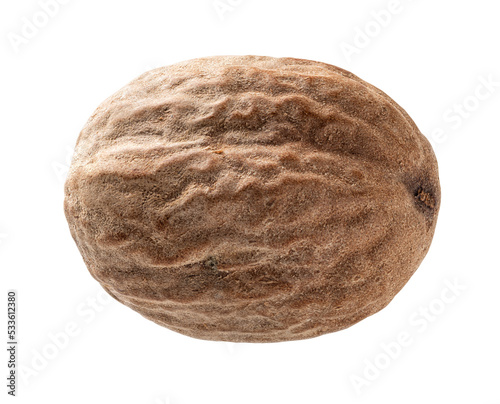 Natmeg seed macro cutout. Closeup of whole muscat nut isolated on a white background. Spice and seasoning concept. Myristica fragrans tree fruits for cooking and herbal medicine.