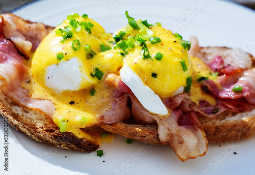 Eggs benedict close-up for breakfast