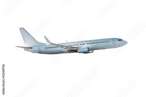 White passenger jet plane flying isolated on transparent background