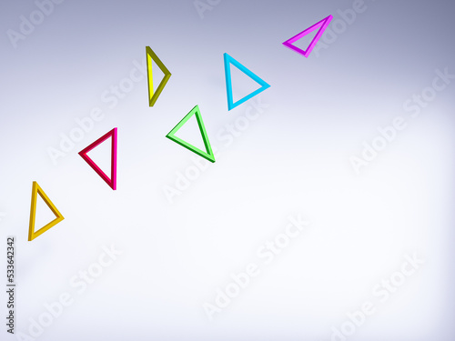 複数のカラフルな正三角形フレーム。浮遊感。3DCG。背景画。