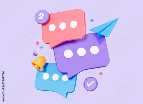 3D Speech bubble messages. Social media communication concept. Bell notification. Chat box in social network and messenger. Cartoon creative design icon isolated on purple background. 3D Rendering