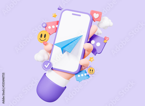 3D Hand holding mobile phone with social network communication. Social media marketing. Smile emoticon and message concept. Cartoon creative design icon isolated on purple background. 3D Rendering