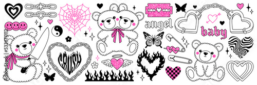 Y2k glamour pink stickers. Butterfly, kawaii bear, fire, flame, chain, heart, tattoo and other elements in trendy emo goth 2000s style. Vector hand drawn icon. 90s, 00s aesthetic. Pink, black colors.