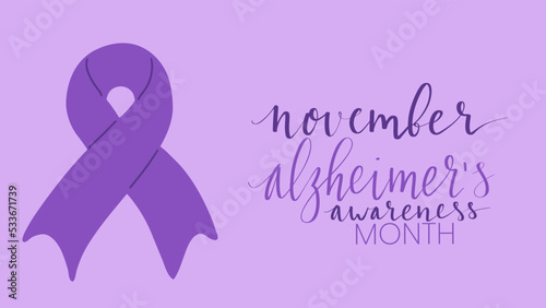 Alzheimers awareness month Novermber handwritten lettering. Purple support ribbon. Web banner vector