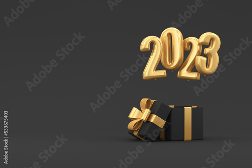 Black friday. Gift with golden balloons 2023 on a black background. 3d render illustration.
