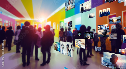 People viewing the exhibition and digital content. Virtual museum. Wide angle visual for banners or advertisements.