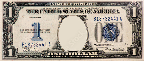 Clear 1934 One Dollar $1 Silver Certificate Banknote pattern, One dollar border with empty middle area, U.S. 1 highly detailed dollar banknote. on a white background.