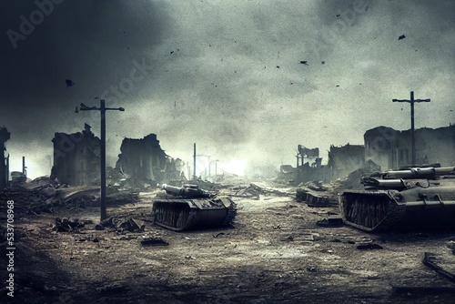 Battlefield with broken tanks from World War II. Destroyed equipment, dust and piles of debris. 3D rendering