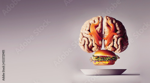Illustration of a brain made from fast food, like a hamburger, unhealthy eating and lifestyle, risk for obesity and diabetes 