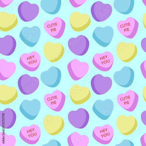 Candy heart seamless pattern, simple, pastel color, valentine, sweet, kiss, love, sweetheart, cutie pie, hey you, light blue background