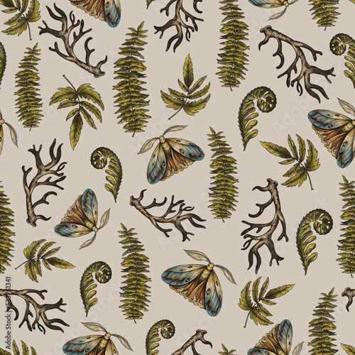 Vintage Moth and Fern Seamless Pattern, Woodland Texture, Enchanted Forest